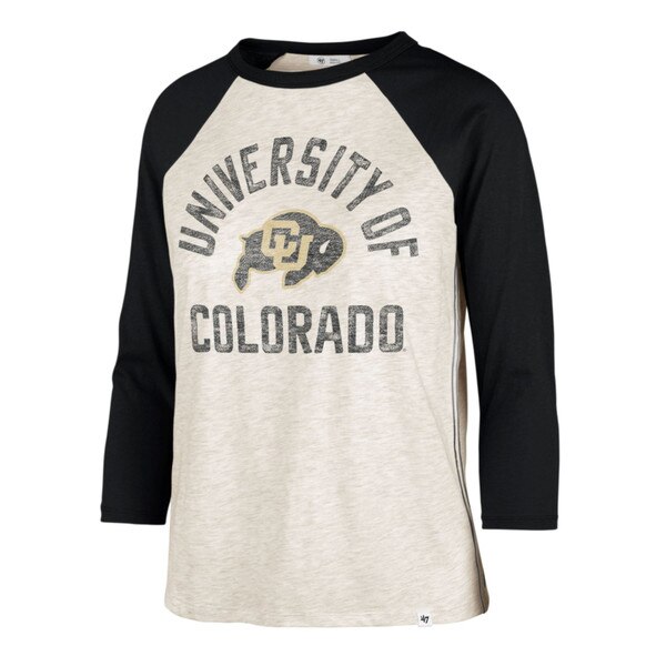 A baseball raglan style white t-shirt with black sleeves and "University of Colorado" lettering surrounding the CU Buffalo logo.